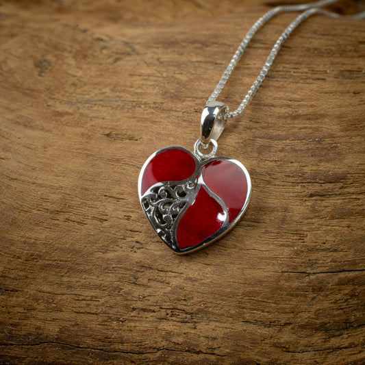 Sterling Silver Heart Pendant With Coral, 15mm