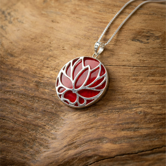Sterling Silver Lotus Flower Pendant With Coral, 27mm