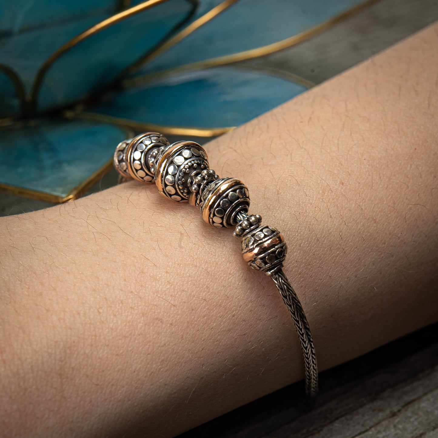 Balinese Sterling Silver With Centered-Ring Gold 18 Carat 5-Ball-Linked Chain Bracelet, 8"