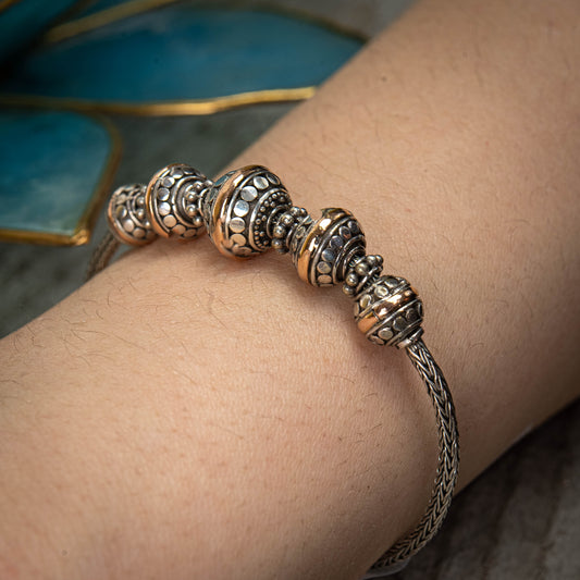 Balinese Sterling Silver With Centered-Ring Gold 18 Carat 5-Ball-Linked Chain Bracelet, 8"