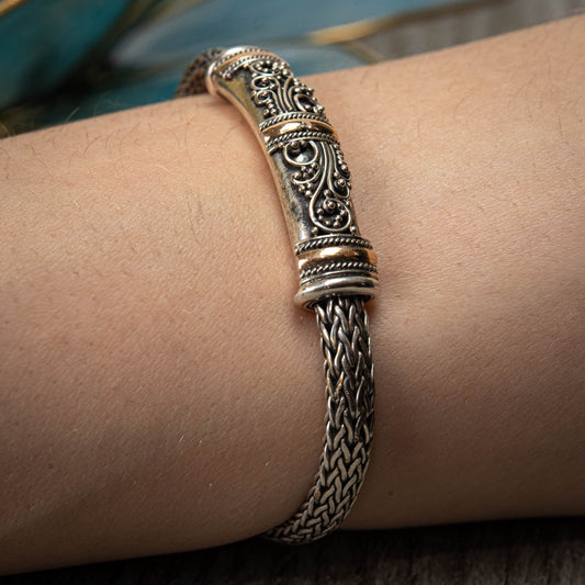 Balinese Sterling Silver With 3-Line Gold 18 Carat Bar And Chain Bracelet, 7.5"