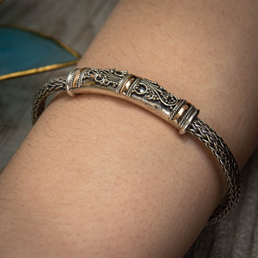 Balinese Sterling Silver With 3-Line Gold 18 Carat Bar And Chain Bracelet, 7.5"