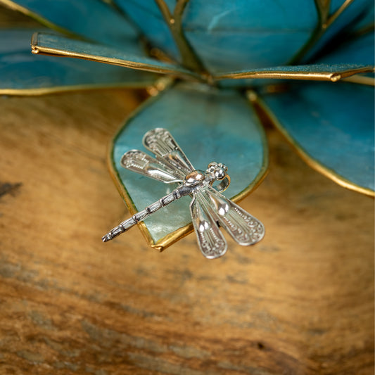 Balinese Sterling Silver With Oval Gold 18 Carat Dragonfly Brooch, 30mm