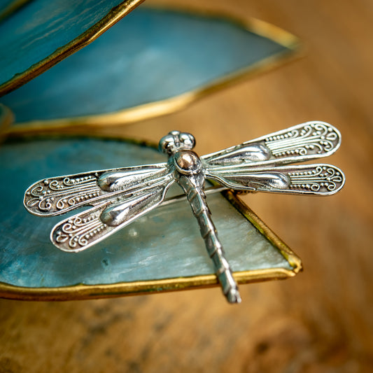 Balinese Sterling Silver With Oval Gold 18 Carat Dragonfly Brooch, 30mm