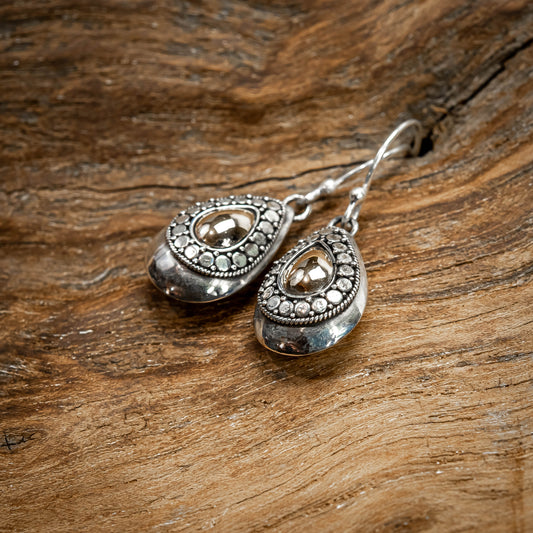 Balinese Sterling Silver With Small Drop Gold 18 Carat Drop Dangle Earrings, 15mm