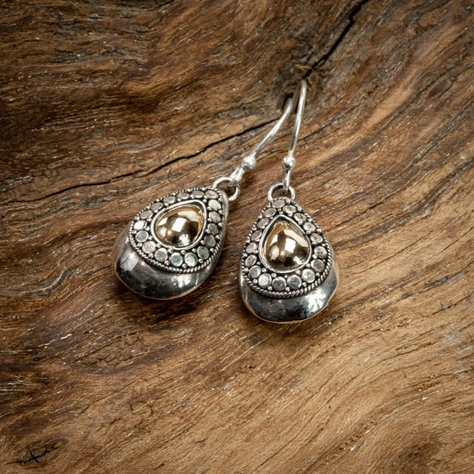 Balinese Sterling Silver With Small Drop Gold 18 Carat Drop Dangle Earrings, 15mm