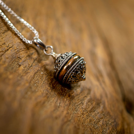 Balinese Sterling Silver With Centered-Ring Gold 18 Carat Ball Pendant, 15mm
