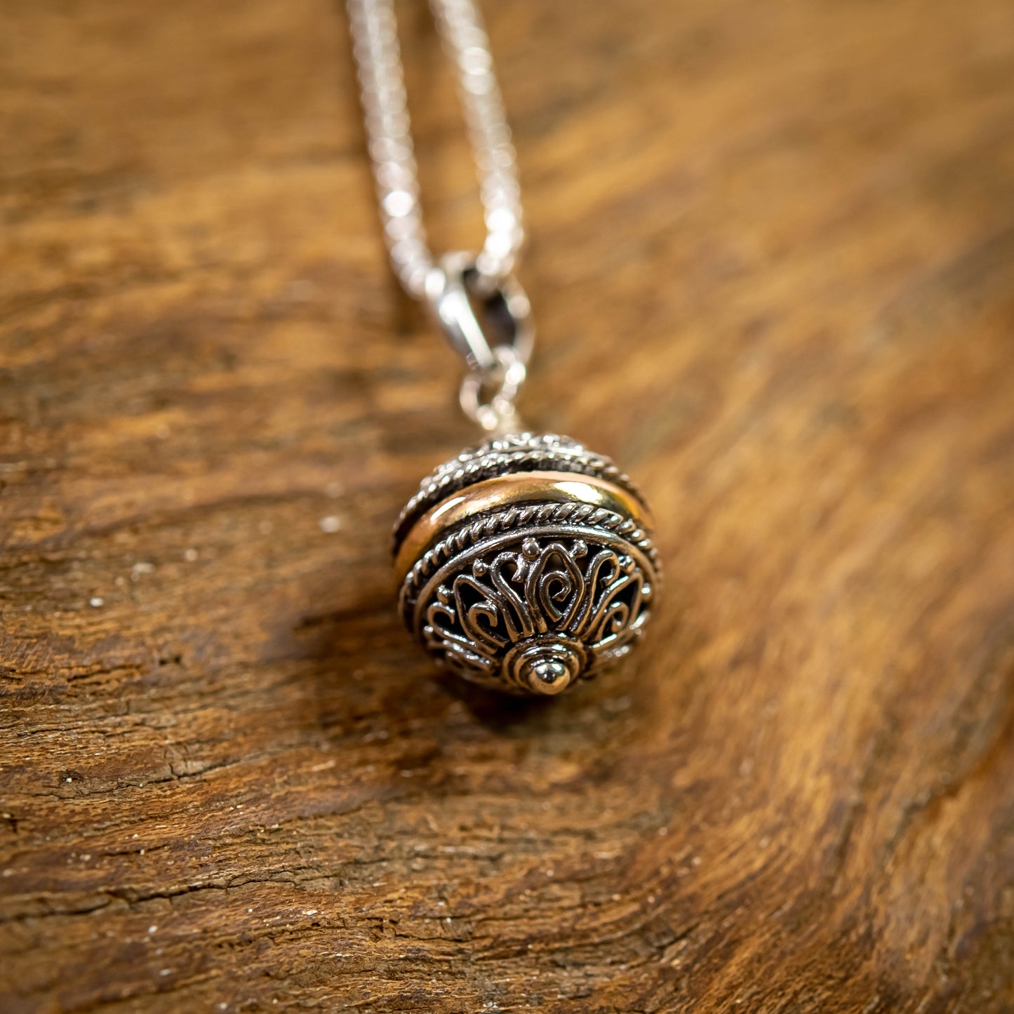 Balinese Sterling Silver With Centered-Ring Gold 18 Carat Ball Pendant, 15mm