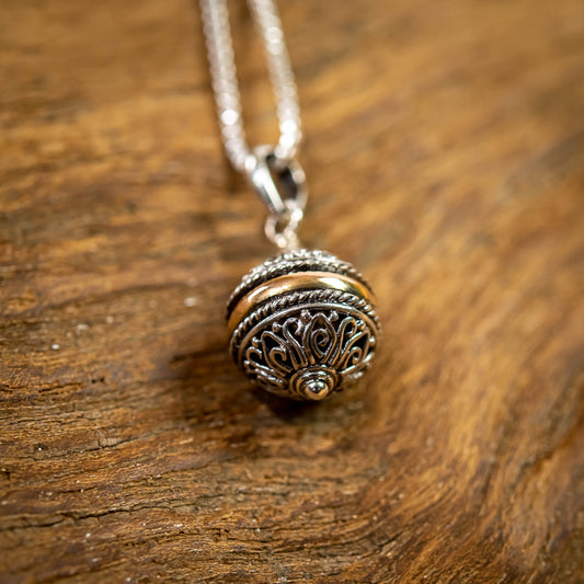Balinese Sterling Silver With Centered-Ring Gold 18 Carat Ball Pendant, 15mm