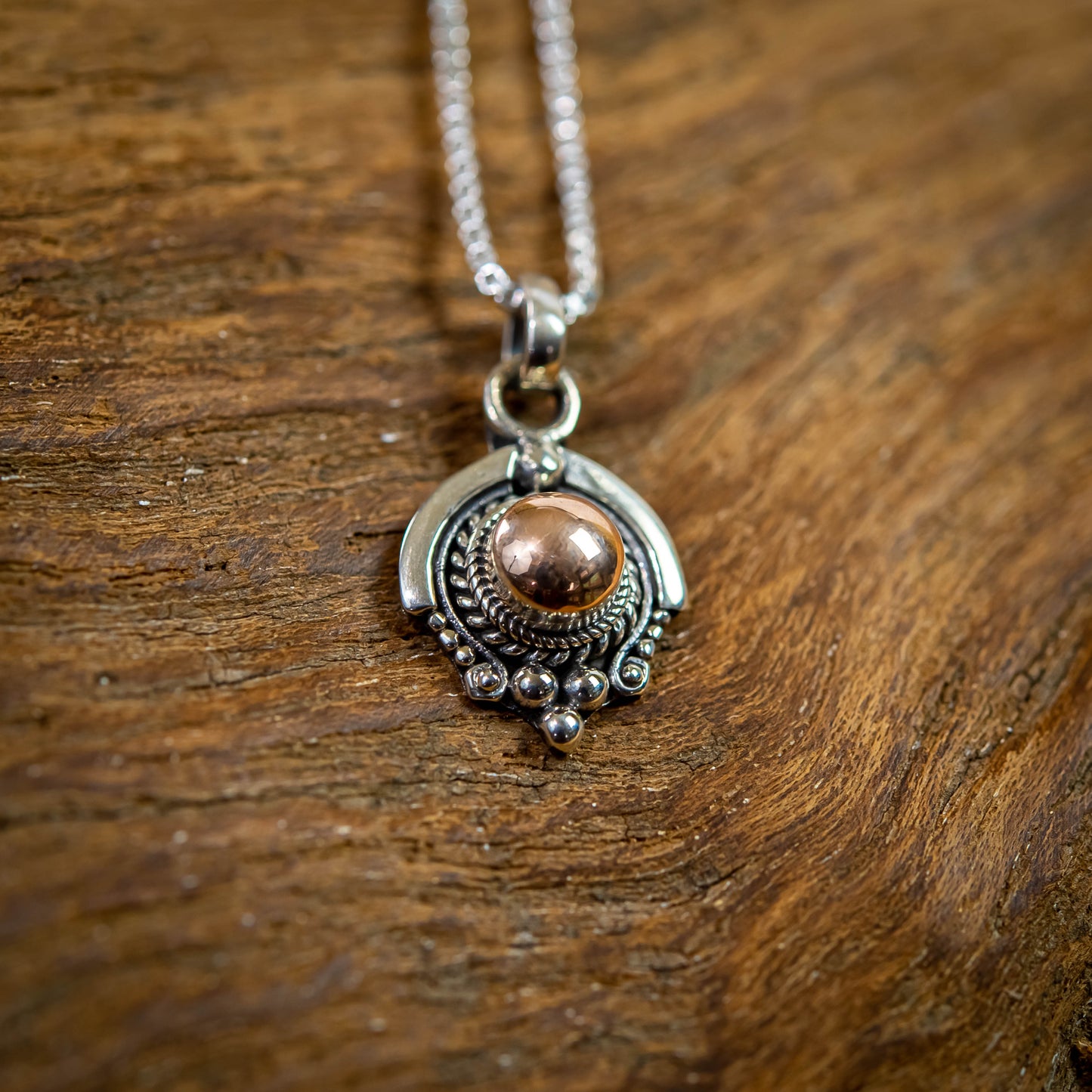 Balinese Sterling Silver With Centered-Round Gold 18 Carat Drop Pendant, 8mm