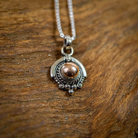 Balinese Sterling Silver With Centered-Round Gold 18 Carat Drop Pendant, 8mm