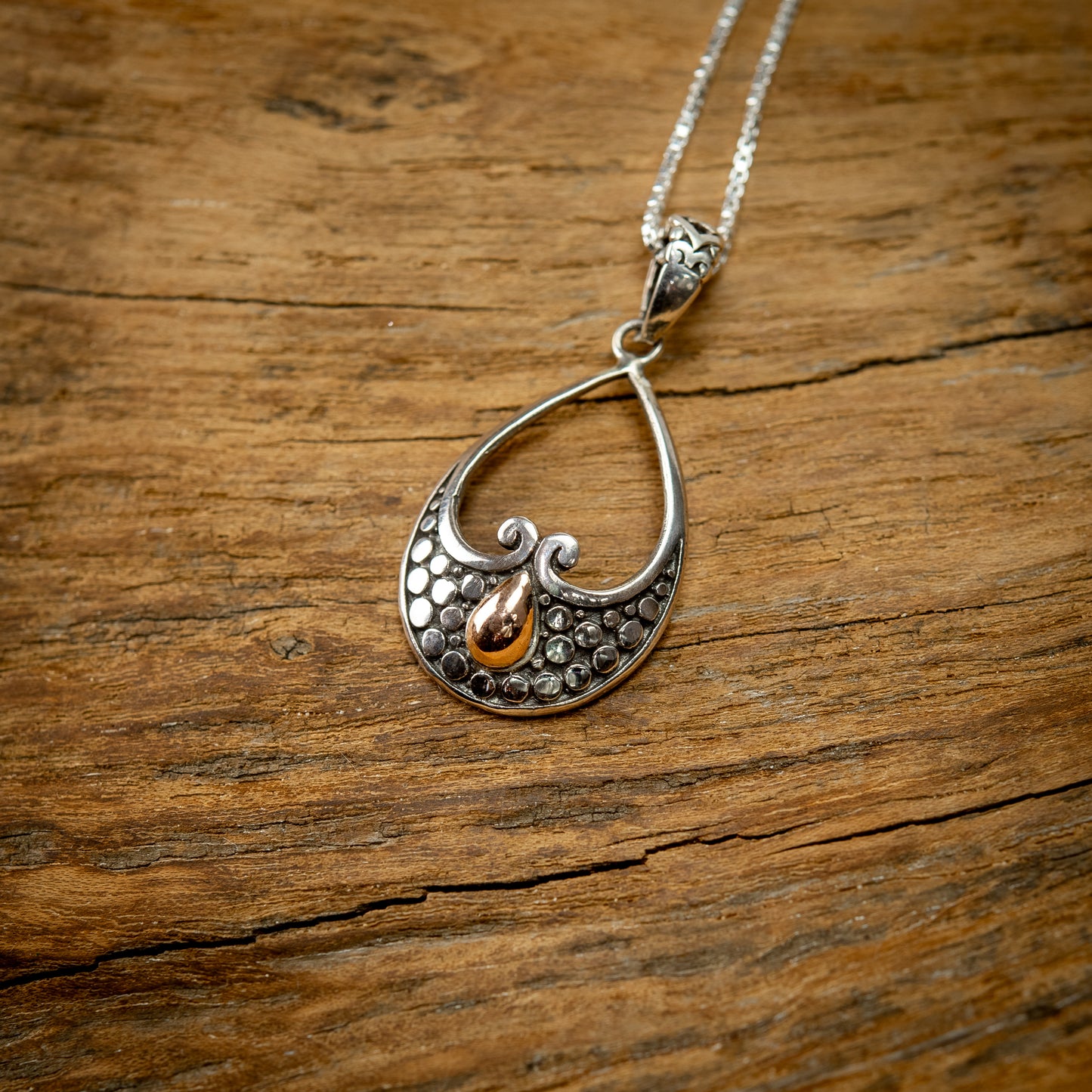 Balinese Sterling Silver With Drop Gold 18 Carat Drop Pendant, 25mm
