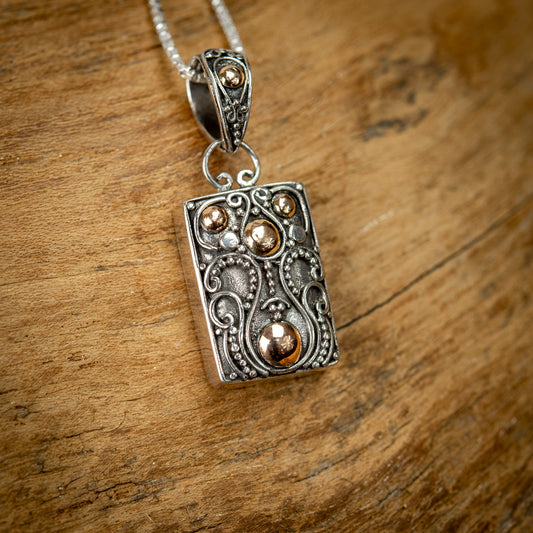 Balinese Sterling Silver With Rounds Gold 18 Carat Rectangle Box Pendant, 18mm