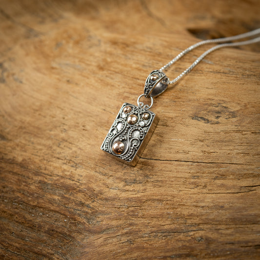 Balinese Sterling Silver With Rounds Gold 18 Carat Rectangle Box Pendant, 18mm
