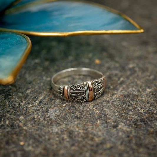 Balinese Sterling Silver With 3-line Gold 18 Carat Ring, Various Sizes 5.5 - 10