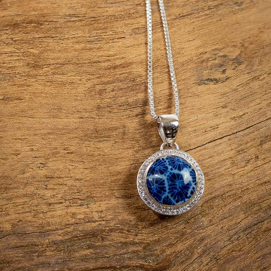 Sterling Silver Round Pendant With Blue Coral And Zirconium, 17mm