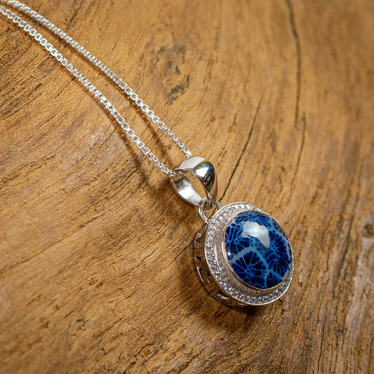 Sterling Silver Round Pendant With Blue Coral And Zirconium, 17mm
