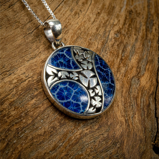 Sterling Silver Round Pendant With Blue Coral, 27mm