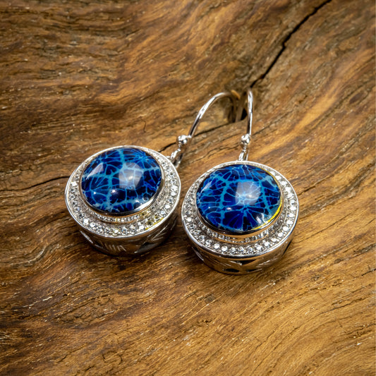 Sterling Silver Round Dangle Earrings With Blue Coral And Zirconium, 15mm