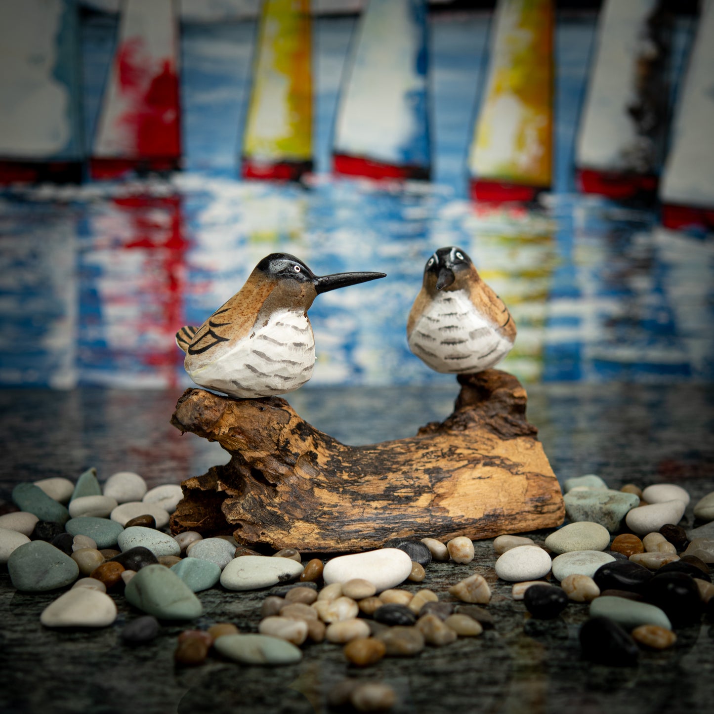 Hand Carved, Hand Carved Wooden of a Pair of Brown Seagulls