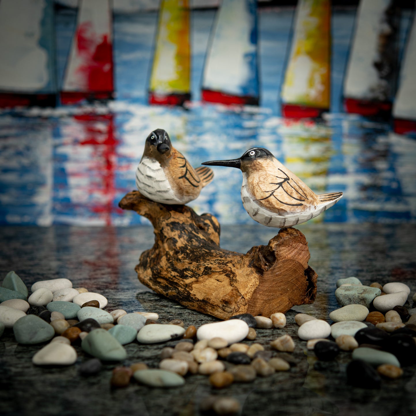 Hand Carved, Hand Carved Wooden of a Pair of Brown Seagulls