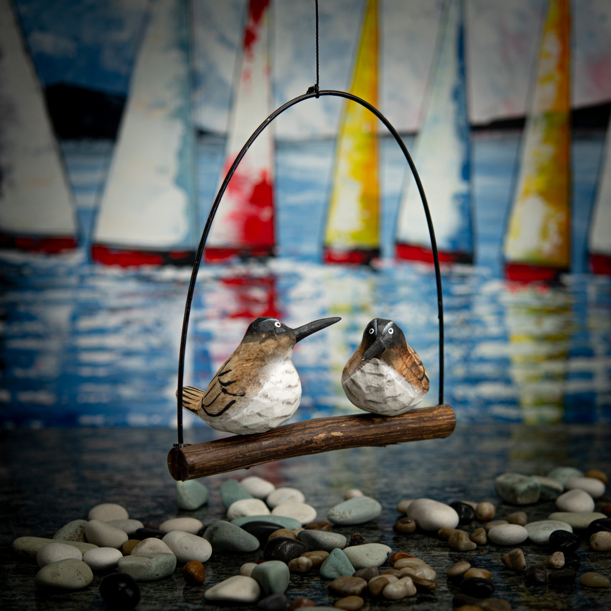 Mobile with Hand Carved, Hand Carved Wooden of a Pair of Brown Seagulls
