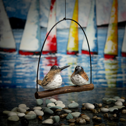 Mobile with Hand Carved, Hand Carved Wooden of a Pair of Brown Seagulls