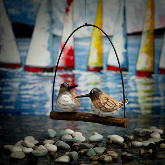Mobile with Hand Carved, Hand Carved Wooden of a Pair of Brown Seagulls
