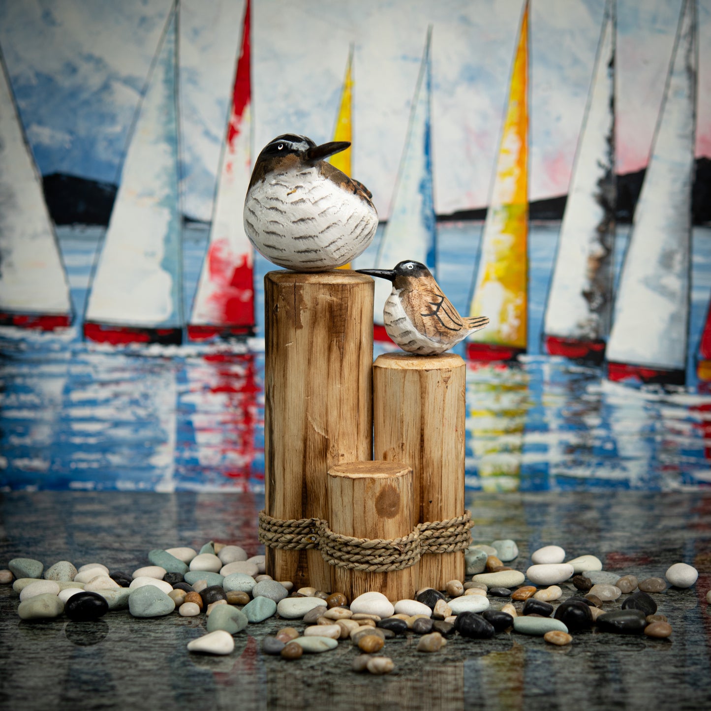Hand Carved, Hand Carved Wooden Sculpture of Brown Seagulls on Post