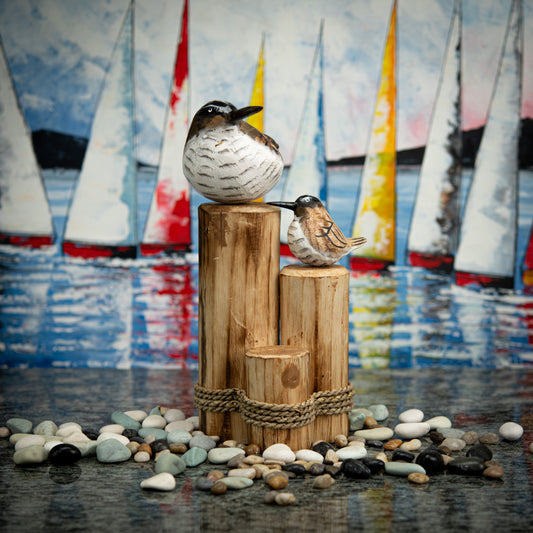 Hand Carved, Hand Carved Wooden Sculpture of Brown Seagulls on Post