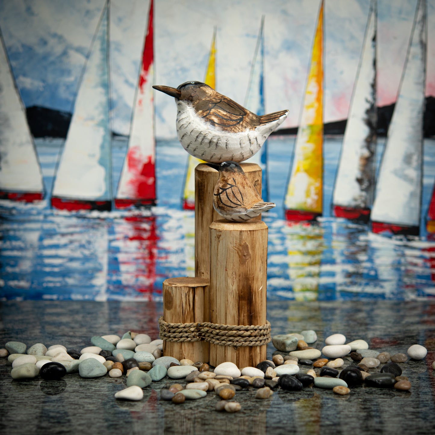 Hand Carved, Hand Carved Wooden Sculpture of Brown Seagulls on Post