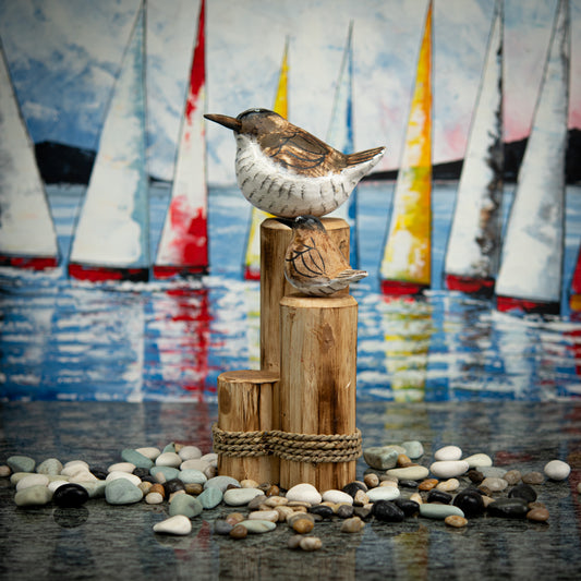 Hand Carved, Hand Carved Wooden Sculpture of Brown Seagulls on Post
