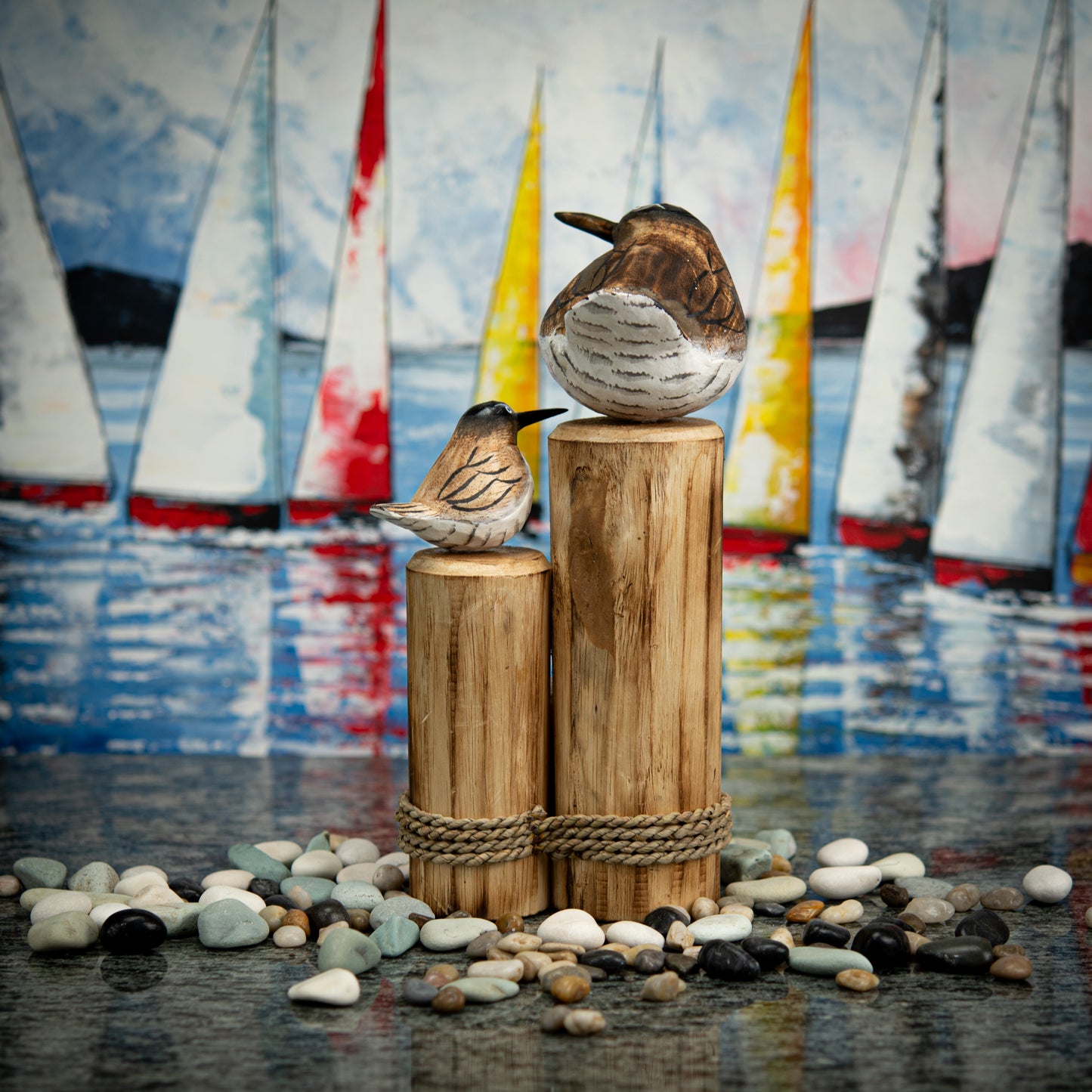 Hand Carved, Hand Carved Wooden Sculpture of Brown Seagulls on Post