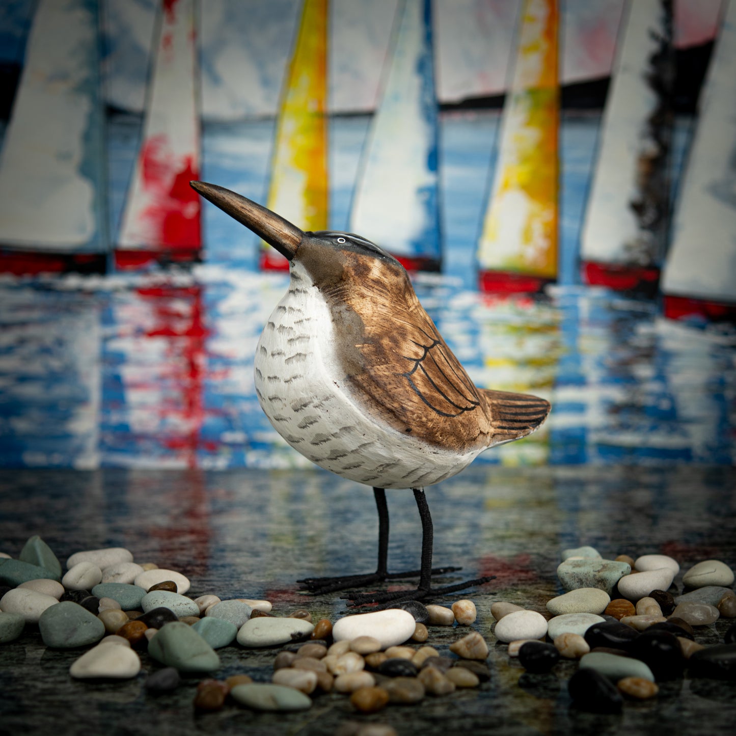 Hand Carved, Hand Carved Wooden Sculpture of a Brown Seagull