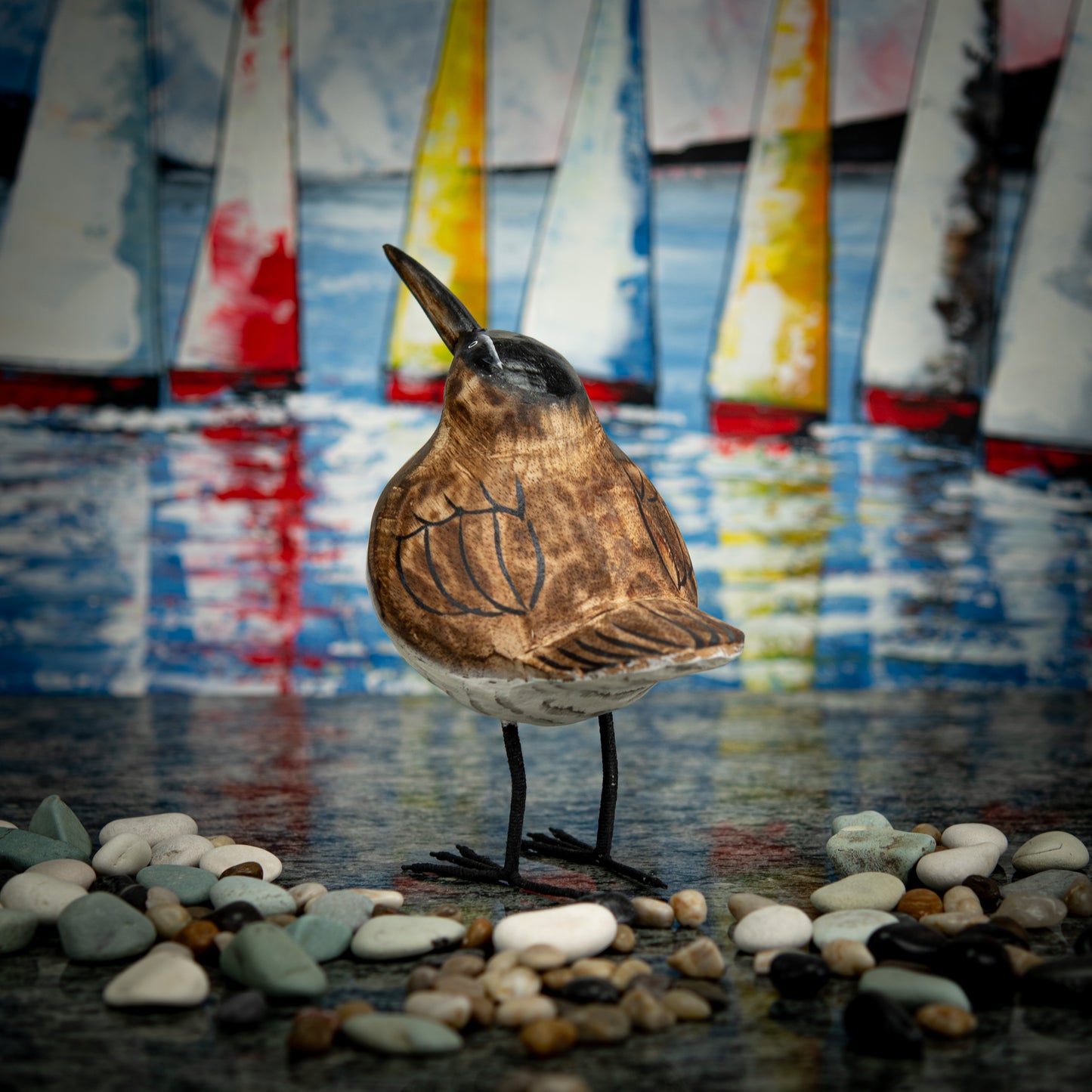 Hand Carved, Hand Carved Wooden Sculpture of a Brown Seagull