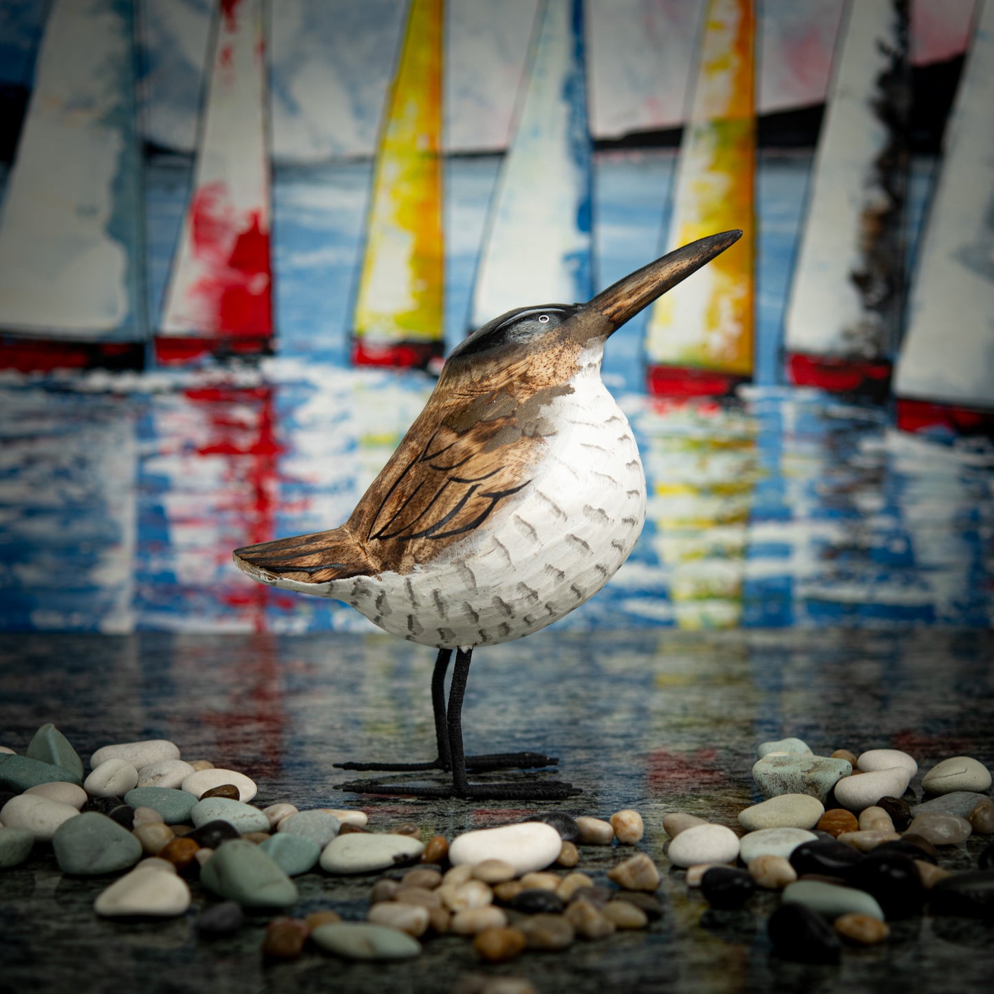 Hand Carved, Hand Carved Wooden Sculpture of a Brown Seagull