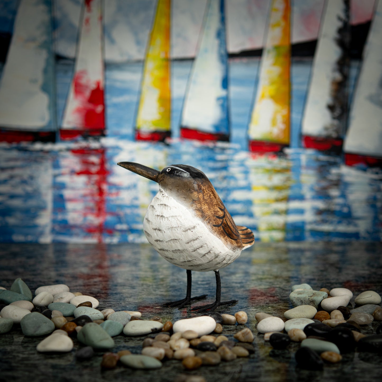 Hand Carved, Hand Carved Wooden Sculpture of a Brown Seagull
