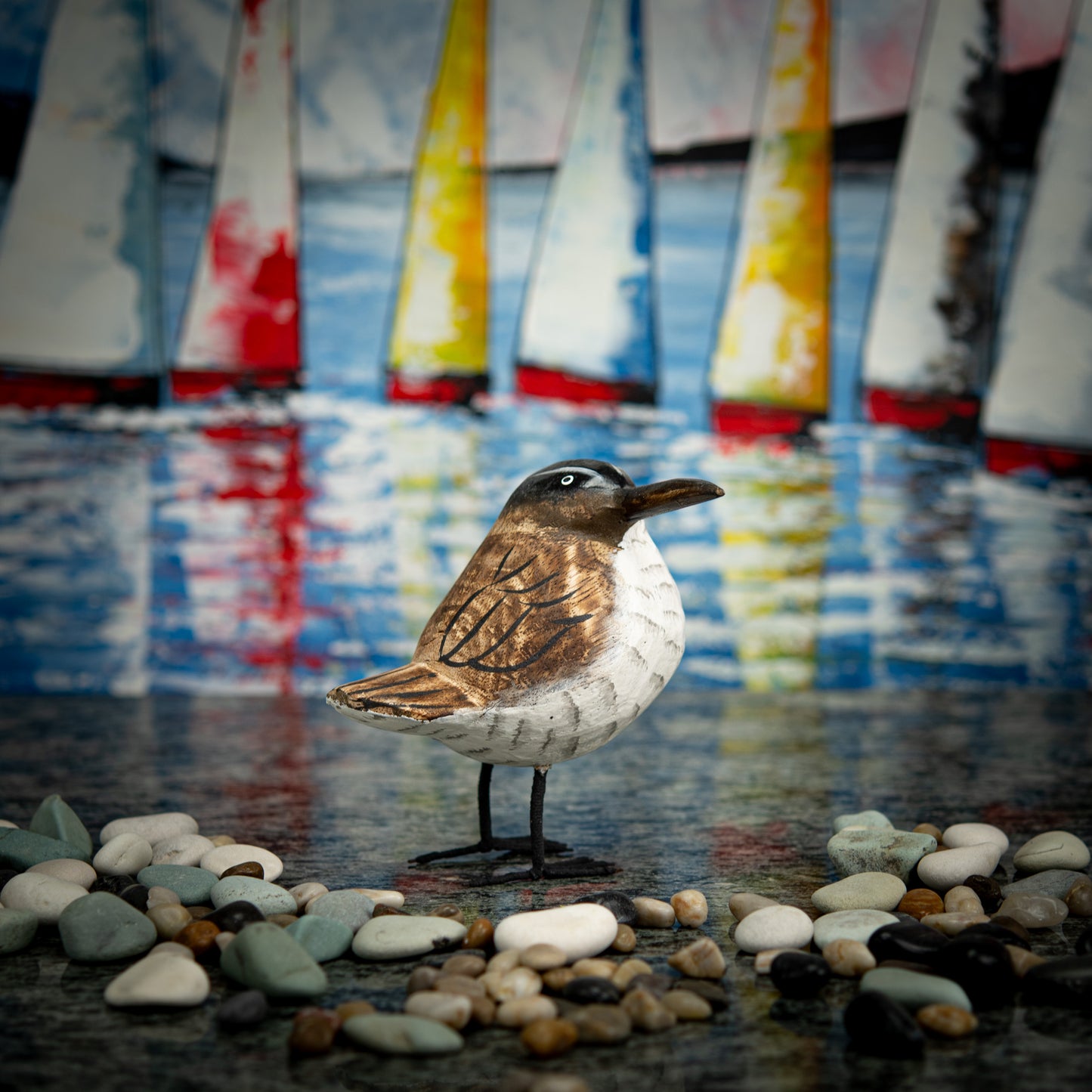 Hand Carved, Hand Carved Wooden Sculpture of a Brown Seagull