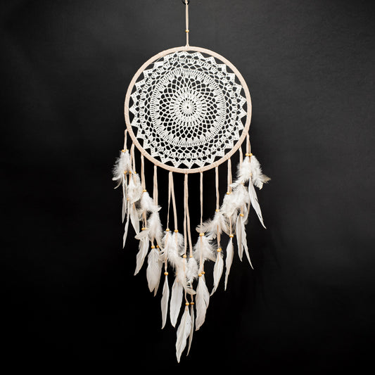 White Boho Dreamcatcher With Mandala Style & Handmade White Feather