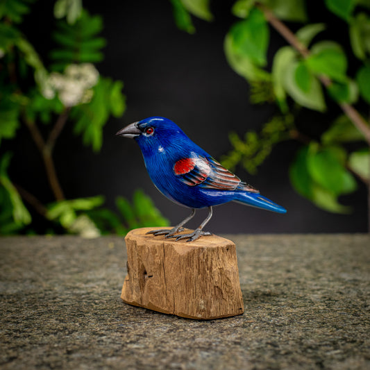 Hand Made Hand Painted Wooden Sculpture of a Blue Grosbeak