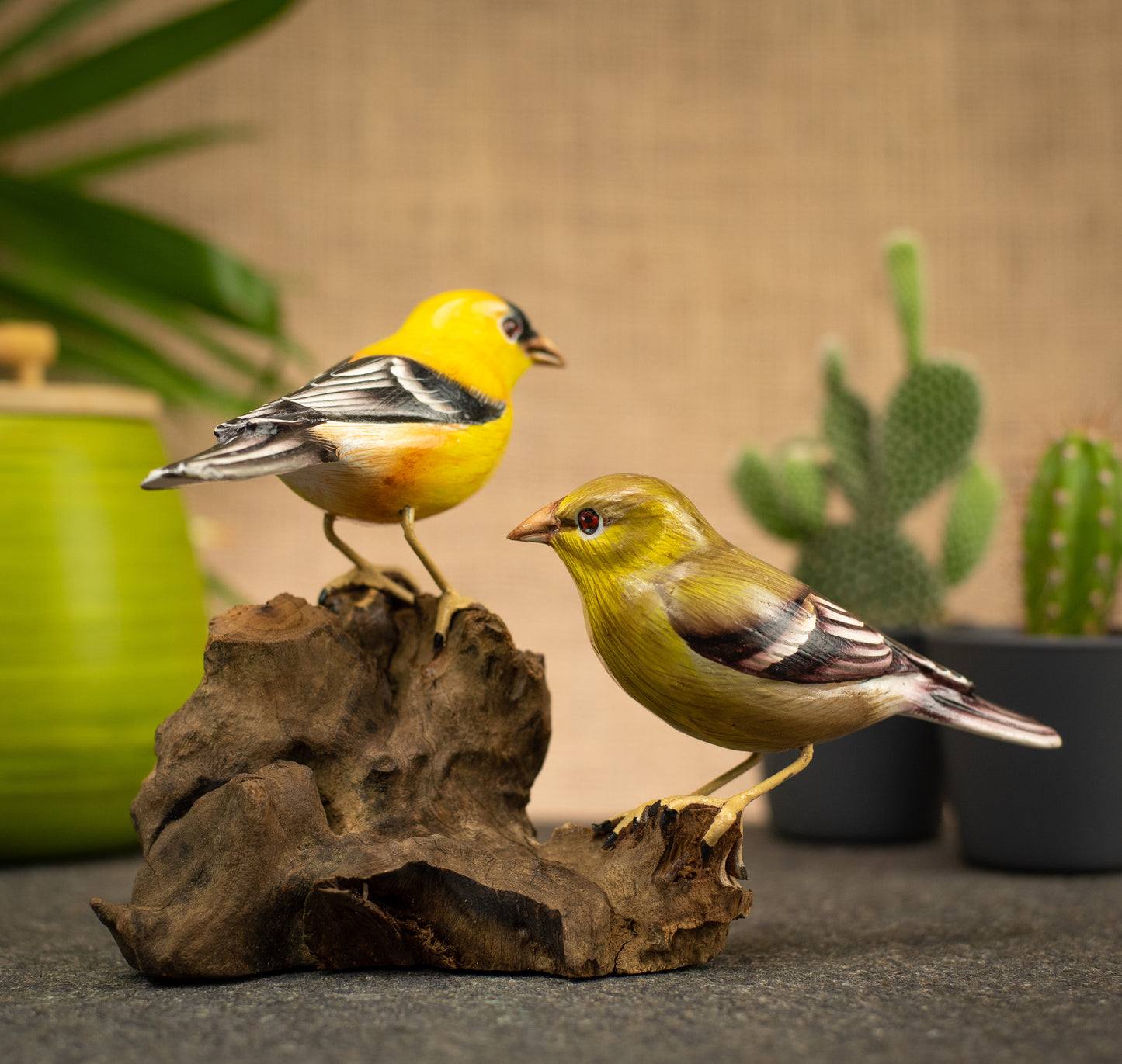 Hand Made Hand Painted Wooden Sculpture of a pair of American Goldfinches