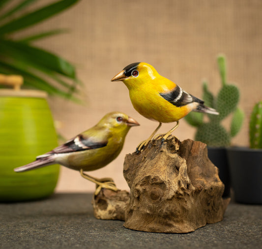 Hand Made Hand Painted Wooden Sculpture of a pair of American Goldfinches