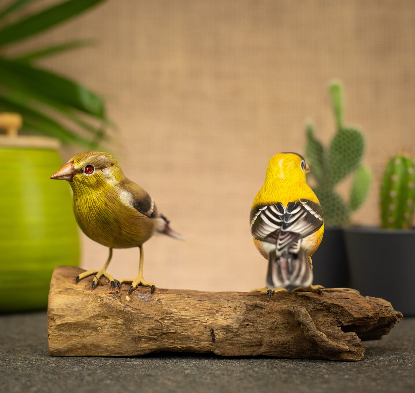 Hand Made Hand Painted Wooden Sculpture of a pair of American Goldfinches