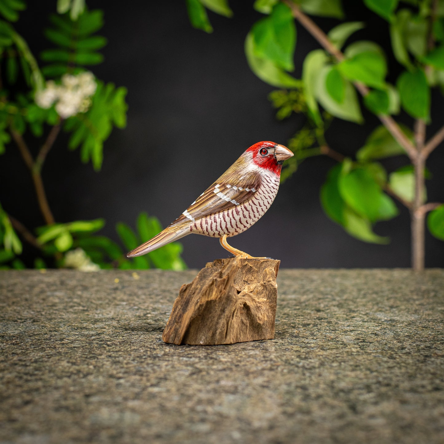 Hand Made Hand Painted Wooden Sculpture of a Red-Headed Finch