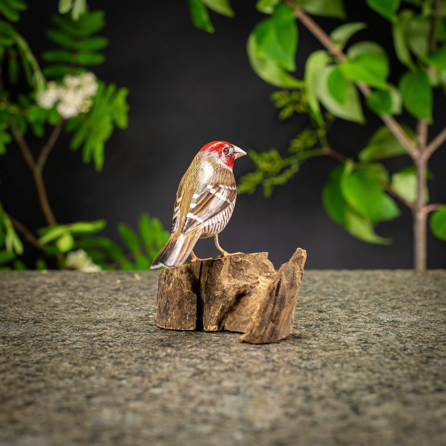 Hand Made Hand Painted Wooden Sculpture of a Red-Headed Finch