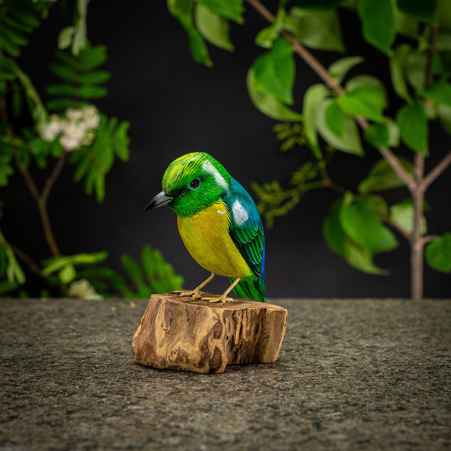 Hand Made Hand Painted Wooden Sculpture of a Blue-Naped Chlorophonia