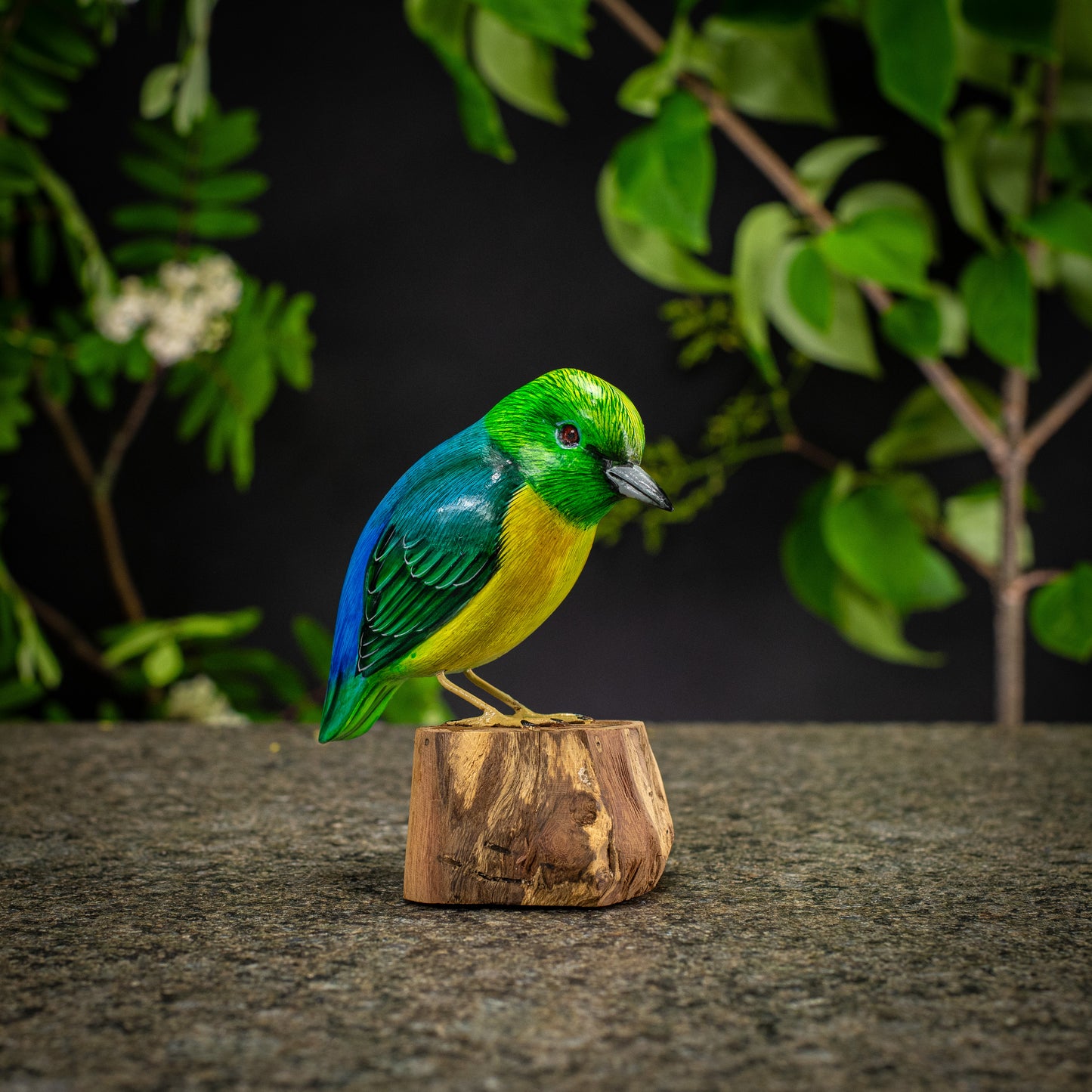 Hand Made Hand Painted Wooden Sculpture of a Blue-Naped Chlorophonia