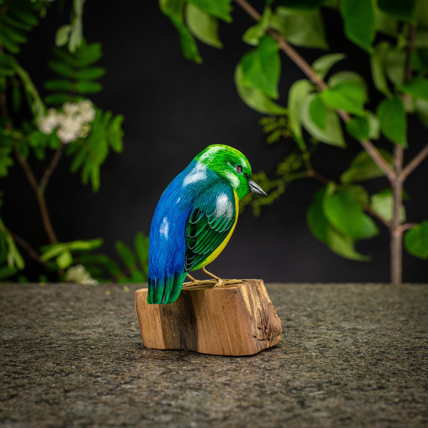 Hand Made Hand Painted Wooden Sculpture of a Blue-Naped Chlorophonia