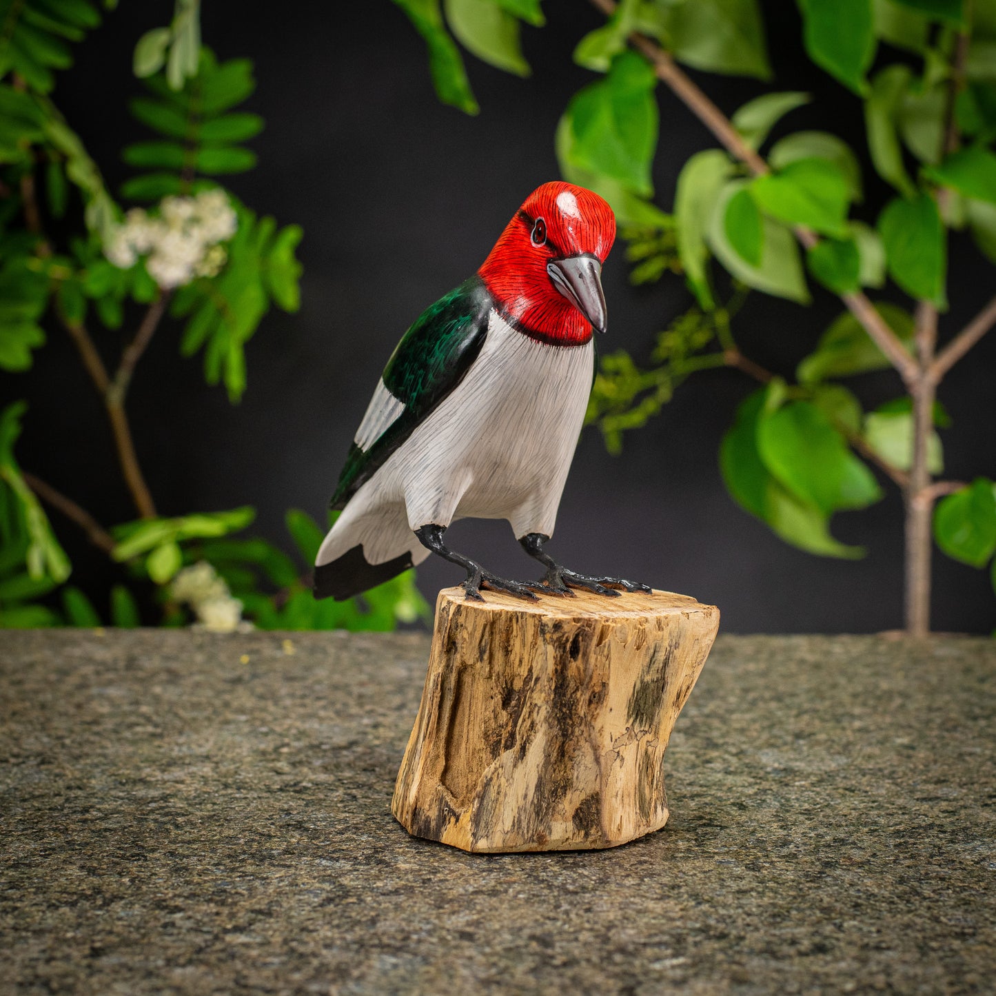 Hand Made Hand Painted Wooden Sculpture of a Red-Headed Woodpecker