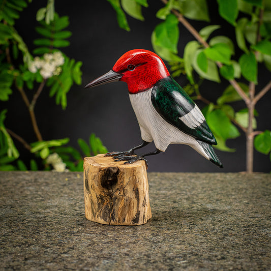 Hand Made Hand Painted Wooden Sculpture of a Red-Headed Woodpecker